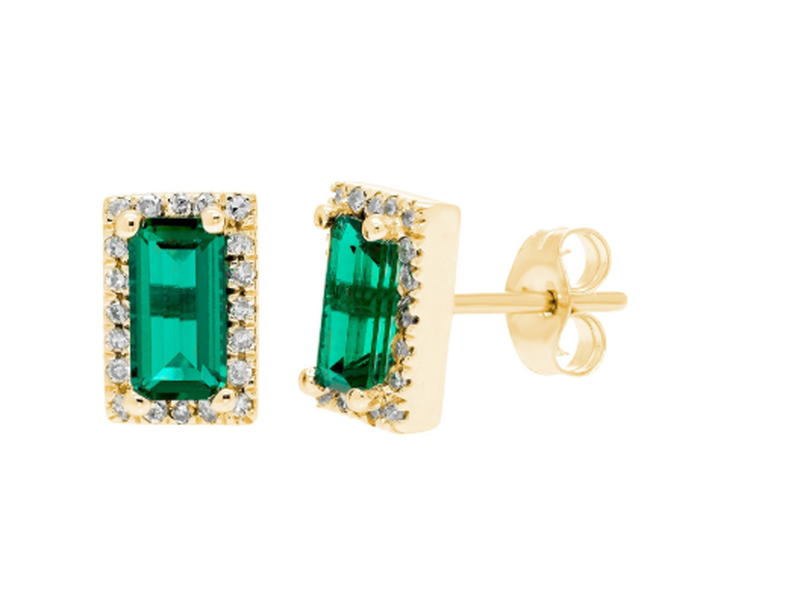 Baguette-Cut Created Emerald & Diamond Stud Earrings in 10k Yellow Gold image number null